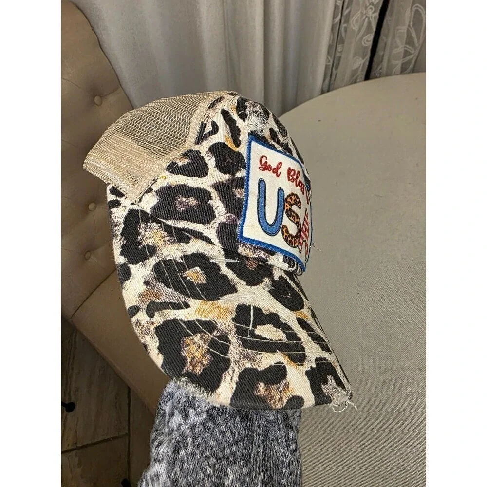 Leopard Print God Bless The USA Distressed Trucker Hat With Mesh‎ Back